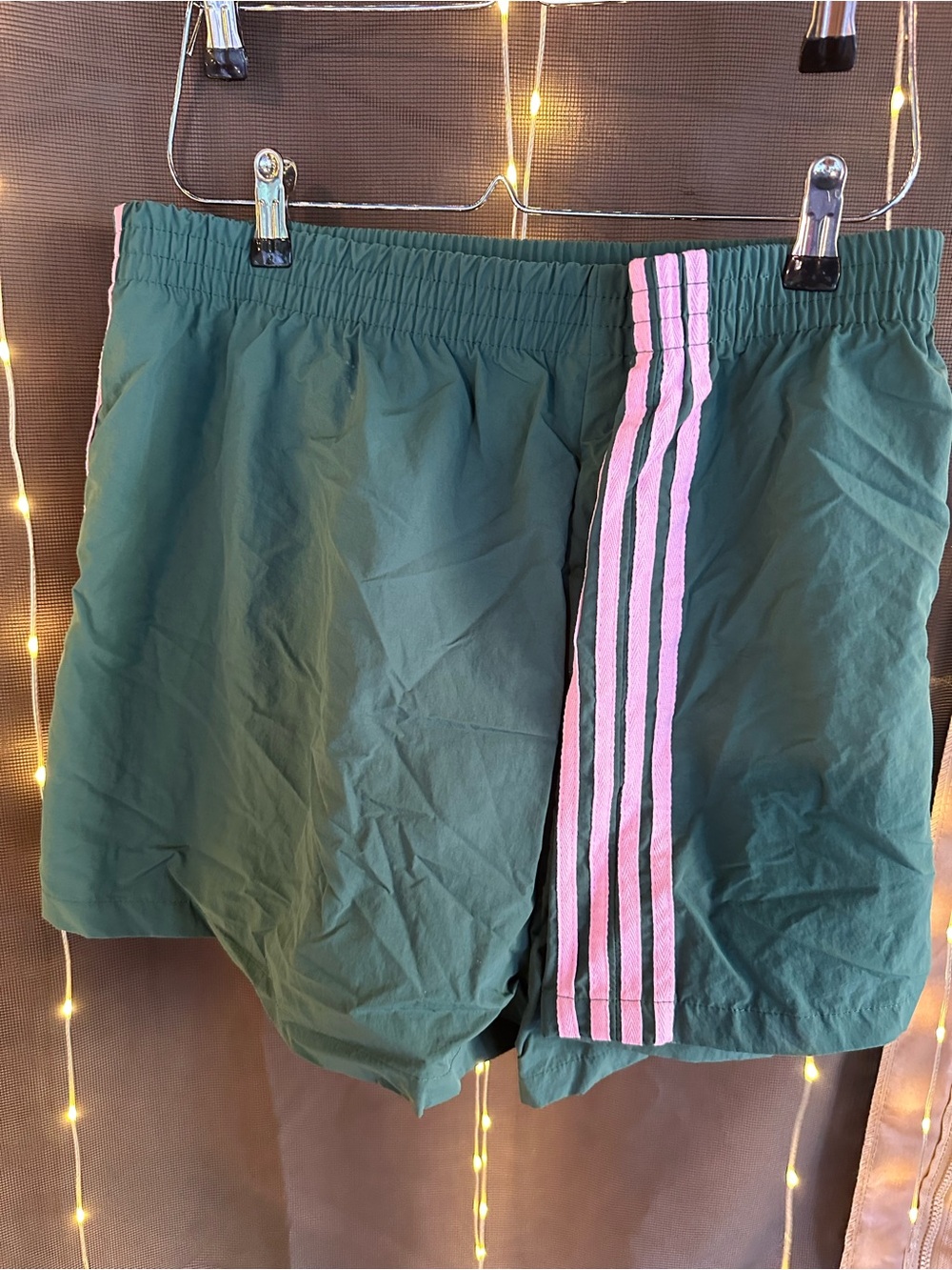SHEIN Green Athletic Shorts with Pink Side Stripes